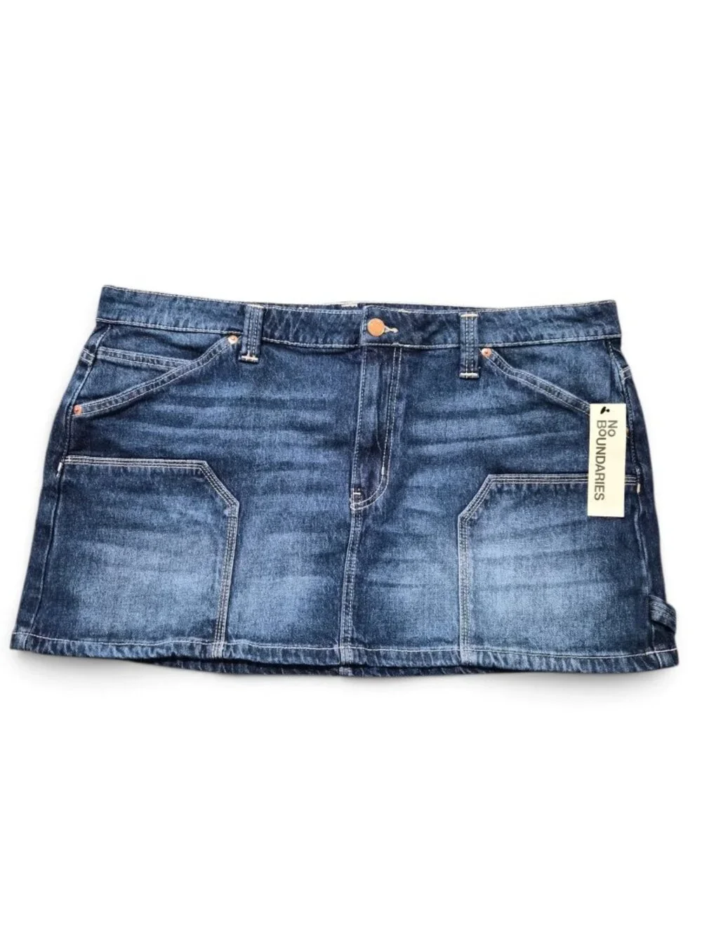 No Boundaries Denim Carpenter Mini Skirt XL (16-18) Relaxed Fit Pockets Blue